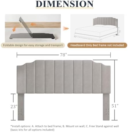 Befurtori King Size Headboard Only, Velvet Wall Mount Headboard Silver Gray