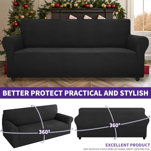 ZNSAYOTX Stretch Oversized Couch Cover Universal Sofa Covers for Living Room Dogs Pet Furniture Protector Spandex Extra Large Sofa Slipcovers with Anti Slip Foam Sticks (Black, XL Sofa)