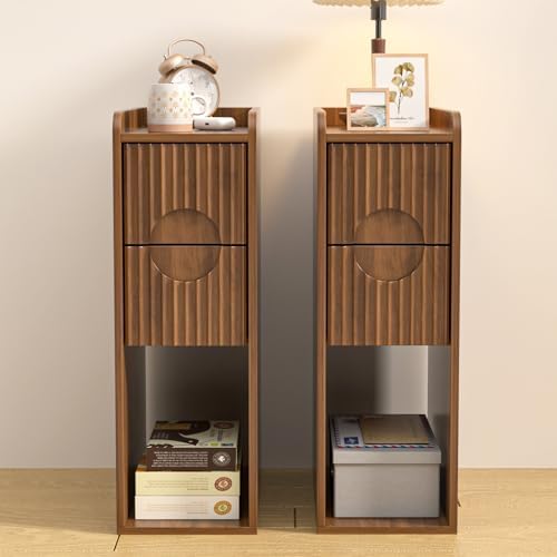 Narrow Fluted Nightstand Set of 2, Wooden Small 2 Drawer Nightstand, Slim Side End Table, Vintage Bedside Table, Mid Century Modern Night Stand with Drawers, for Living Room, Bedroom, Walnut