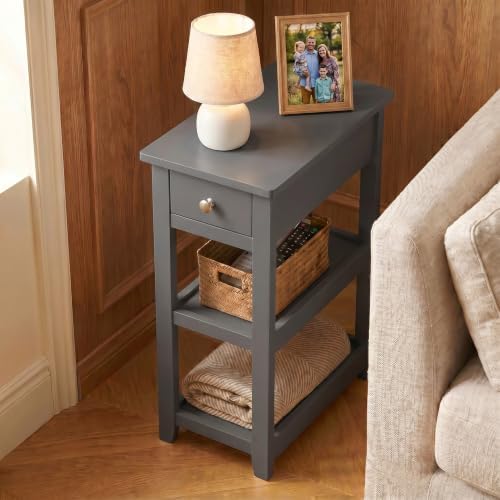 SEJOV Narrow Side Table, Small Grey End Table with Drawer and 2 Shelves