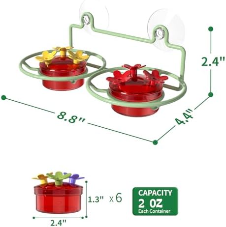 Dreamdrawer 2 Pack Window Hummingbird Feeder, Small Hummingbird Feeder for Outdoors with Strong Suction Cup - Metal Base & 6 Feeding Ports, Easy to Clean and Refill, Green