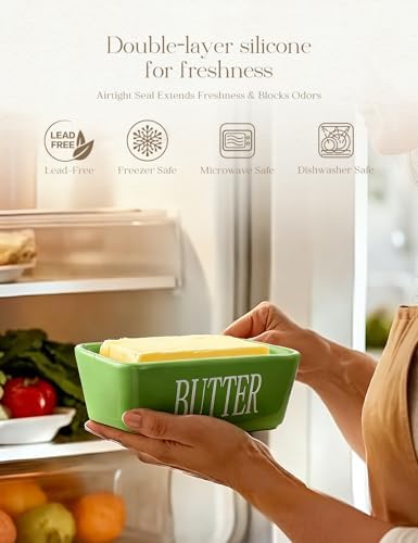 Ceramic Butter Dish with Lid and Knife & Silicone Seal for Countertop Green