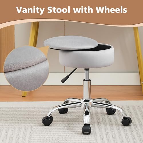 Adjustable Vanity Stool Storage Swivel Rolling Vanity Chair with Wheels