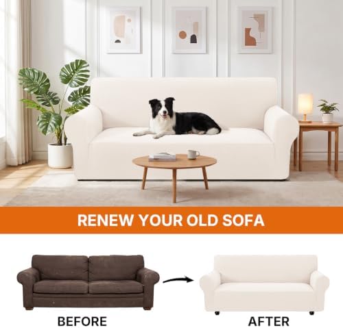 XINEAGE Stretch 3 Seater Slipcover, Non-Slip Pet Couch Cover,Beige White