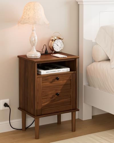 Nightstand with Charging Station, Boho Night Stand with 1 Drawer, Modern Side Accent Table with Open Shelf, Wooden Top Bedside End Table for Bedroom, Living Room, Walnut