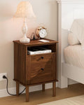 Nightstand with Charging Station, Boho Night Stand with 1 Drawer, Modern Side Accent Table with Open Shelf, Wooden Top Bedside End Table for Bedroom, Living Room, Walnut