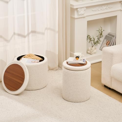 Wimarsbon Pouf Ottoman, 100% Cotton Knitted Boho Footstool, Round Footrest with Non-Skid Wood Legs, Home Décor Handmade Pouffe, Leisure Floor Step Stool for Living Room (18inch White Storage Ottoman)