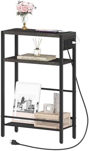 HOOBRO Small Narrow Side Table with Charging Station, Skinny End Table for Small Spaces, Slim Nightstand with USB Ports Outlet, Sofa Beside Table with Storage Shelf, Charcoal Black BC102UBZ01