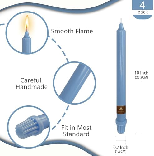 NJAO HOO Grey Blue Candlesticks 10 Inch Handmade Dripless Taper Candles Unscented Colored Candle Set, Pack of 4 - Up to 9-11 Hours Burn
