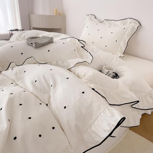 Polka Dot Duvet Cover King Bedding Set, Soft Comfy Microfiber 3 Pieces Princess Style Comforter Cover with 2 Pillowcases, Romantic Ruffle Duvet Cover with Zipper Closure Chic Polka Dot Bedding Set
