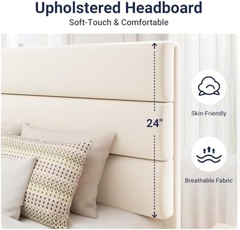 Allewie King Size Platform Bed Frame with Velvet Upholstered Headboard and Wooden Slats Support, Fully Upholstered Mattress Foundation/No Box Spring Needed/Easy Assembly, Cream