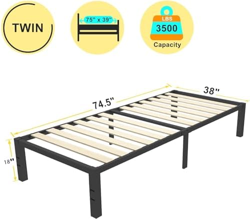18 Inch Twin Size Bed Frame with Wood Slats & 4 Mattress Baffles