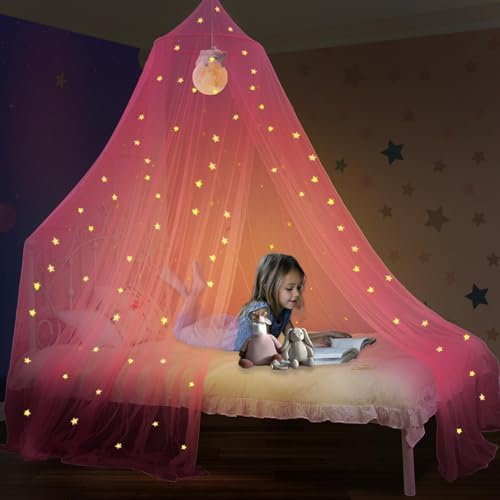 South to East Pink Bed Canopy for Girls with Glowing Stars, Gift for Girl
