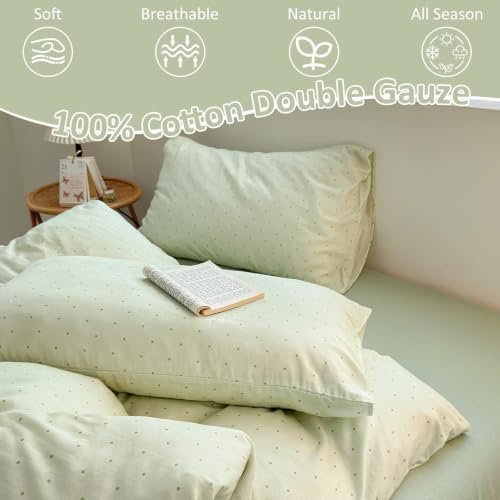 Cotton Muslin Duvet Cover Twin XL 3 Pcs, Green Polka Dot,68"×90"