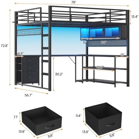 ADORNEVE Gaming Loft Bed Full Size with Desk, Arcylic RGB Hutch, Black