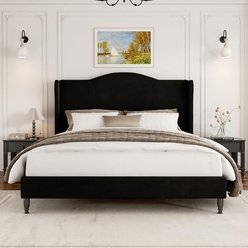 Full Size Bed Frame with Wingback Headboard, Upholstered Velvet Platform Bed Frame, Heavy Duty Wooden Slats Support, Noise-Free, No Box Spring Needed, Minimalist Style, Black