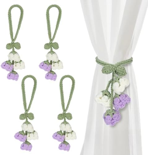 Flower Curtain Tiebacks, 4pcs Lily-of-The-Valley Curtains Holdbacks, Cute Curtain Holdbacks - No Drill Rope Holder, Drape Knitting Handmade for Nursery&Children's Room Decor (Purple/White)