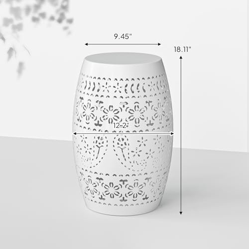 VINGLI Outdoor Iron Side Table, Patio End Table Anti-Rust Metal Round Drum Garden Stool Plant Stand Indoor Iron Accent Table for Patio Deck Porch Living Room (White)