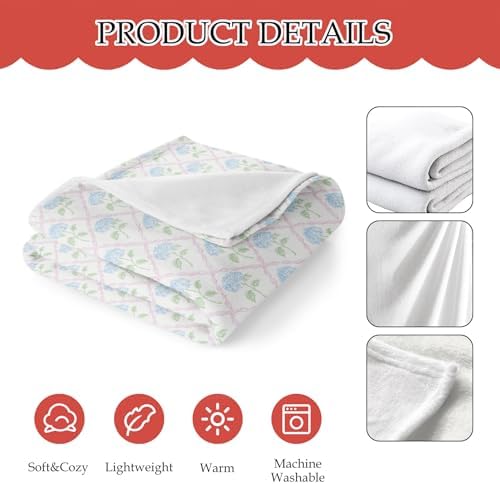 Blue Hydrangea Floral Blanket, Rustic Hydrangea Flower Decorative Throw Blanket for Couch Bed Sofa, Grandmillennial Flower Throw Blankets for Living Room Bedroom Decor, 50x60 Inches