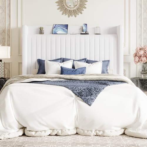SHA CERLIN Queen Size Velvet Bed Frame with Shelf, Charging Station, White