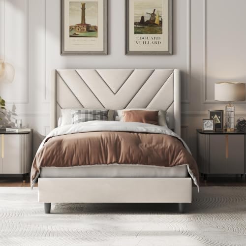 Yaheetech Twin Bed Frame with Chevron Channel-Tufted Headboard, Beige