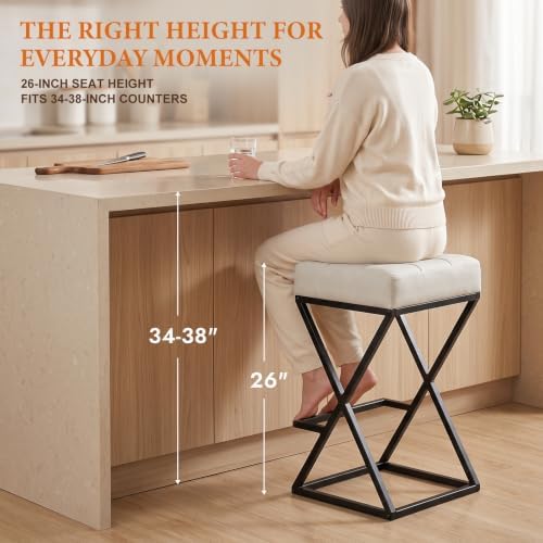 Bar Stools Set of 3, 26 Inch Counter Height Faux Leather Cream White