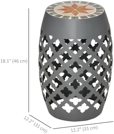Outsunny Decorative Outdoor Stool, 12" Round Patio Side Table, Mosaic Gray