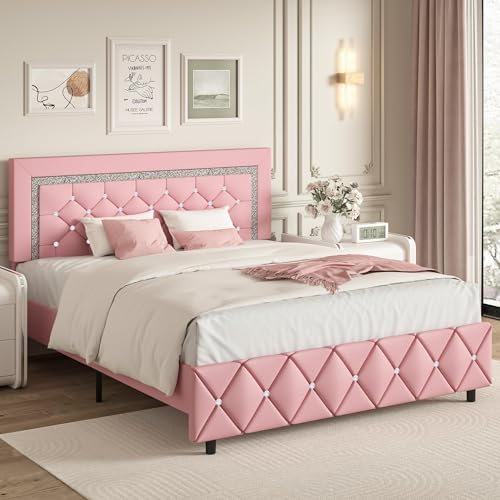 Queen Size Bed Frame, Faux Leather Upholstered Bed with Diamond Headboard