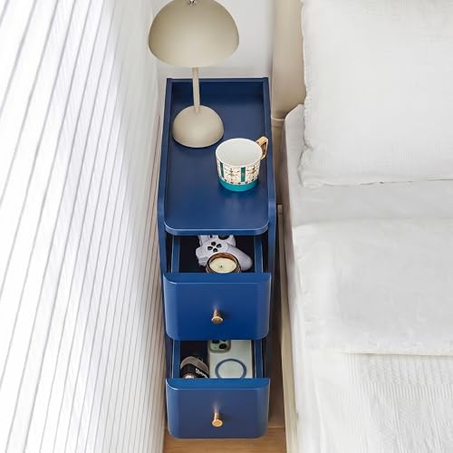 Narrow Nightstand Set of 2, Wooden Small 2 Drawer Nightstand, Slim Side End Table, Skinny Bedside Table, Mid Century Modern Night Stand with Drawers for Bedroom (Blue-2 pcs)