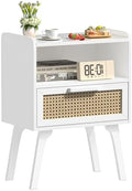 Lerliuo Rattan Nightstand, Bedside Table with Drawer Open Shelf