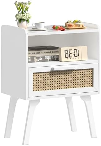 Lerliuo Rattan Nightstand, Bedside Table with Drawer Open Shelf