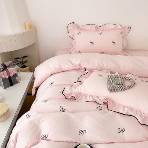 LifeTB Pink Bowknot Duvet Cover King Princess Style Ruffle Bedding Set, Soft Breathable Pink Bow Duvet Cover with 2 Pillowcases, Romantic Ruffle Comforter Cover Floral Bowknot Bedding Set King