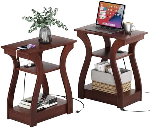FROMJBEST End Tables Living Room Set of 2 with Charging Station, Cherry