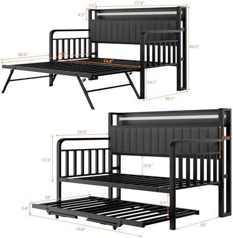 Daybed with Trundle and LED Light, Heavy Duty Metal Twin Bed Frame with Upholstered Storage Headboard & Charging Station, Day Bed Pop Up Trundle Bed Twin for Living Room,Bedroom and Guest Room, Black