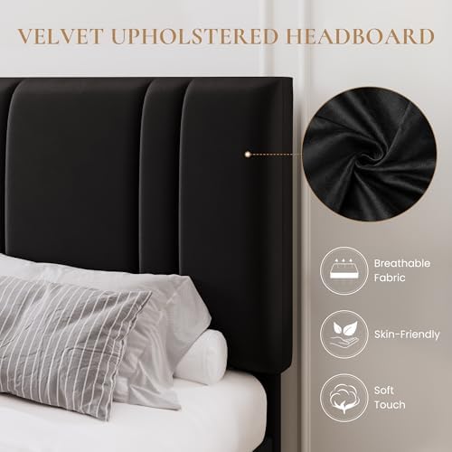 SHA CERLIN Full Size Velvet Bed Frame with Adjustable Headboard, Black