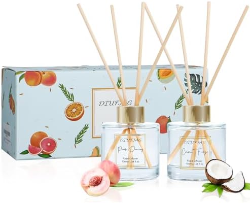 200ml Scent Diffuser with 6 Fiber Sticks, 6.76 oz Reed Diffuser Set Aromatherapy Fragrance Diffusers Air Fresheners for Home Bedroom Bathroom (Coconut Peach)