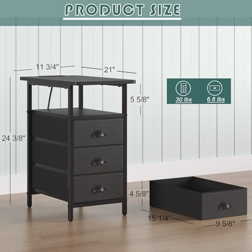 sthmec End Table with Charging Station,LED Side Tables with USB Ports and Outlets,Narrow Nightstands Bedside Tables with 3 Drawers PU Finish for Small Space,Slim Sofa Table for Livingroom,Black
