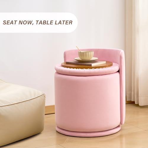 360° Swivel Makeup Chair with Storage, Upholstered Accent Stool with Back, Round Vanity Stool Ottoman for Living Room, Makeup Room, Bedroom (Pink)