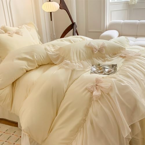 SOUKECHY Ruffled Bedding Bow Duvet Cover Set with Butterfly Tie, Full Comforter Cover Set, Shabby Chic Bedding Set,Romantic French Princess Style -Yellow,Full