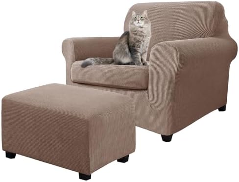 3 Piece Stretch Matching Chair and Ottoman Slipcover Set, Jacquard Arm Chair/Ottoman/Fitted Seat Covers, Non-Slip Accent Armchair and Foot Stool Slip Cover (Khaki,3 Pieces Set)