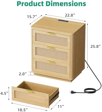 Kalrin 23" W Rattan Nightstand with 3 Drawers for Bedroom, Natural Oak