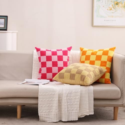 Alysheer Checkered Embroidered Throw Pillow Covers 18"x 18" 2pc Hot Pink