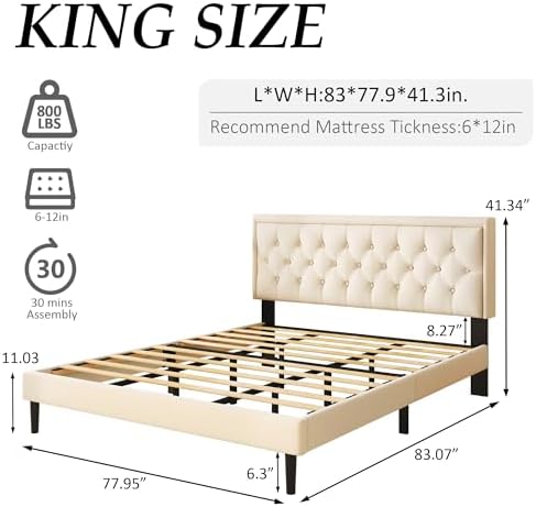 CXVX King Size Platform Bed Frame with Upholstered Velvet Button Tufted Headboard, Mattress Foundation with Wooden Slat Support, No Box Spring Needed, Easy Assembly, Noise Free, Beige