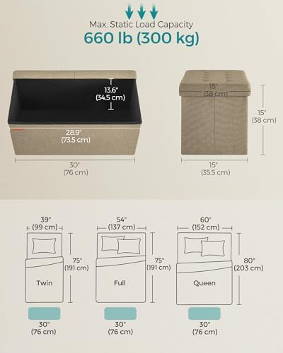 SONGMICS 30 Inches Storage Ottoman, Foldable Bench with Flipping Lid