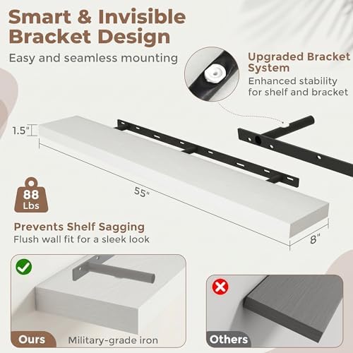 55 Inch Floating Shelves for Wall, 8"D Wood Storage Shelves, White Finish