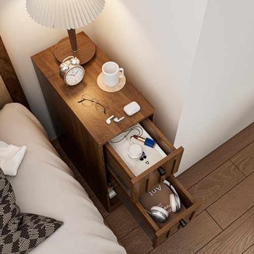 Narrow Walnut Nightstand Set of 2, Small Bedside Table, Wood Nightstand with Arched Drawer, Side End Table, Mid Century Modern Night Stand, Bedroom, Small Spaces, Slim