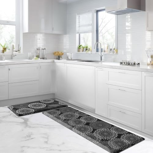 LuxStep Kitchen Mats for Floor,0.47 inch Thicker Cushioned Rug Anti-Fatigue Mats for Kitchen Decor Accessories,Waterproof Non-Slip Mats and Rugs Set for Office,Laundry 17.3"×29"+17.3"×60",Black
