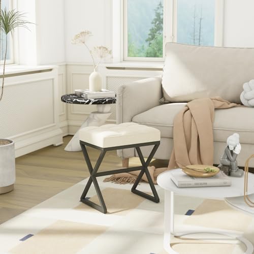 YMYNY Vanity Stool, Linen Footrest Stool, Ottoman Bench with X-Shaped Metal Legs, Makeup Dressing Stool for Vanity, Living Room, Bedroom, Entryway, Hallways 15.74" D×11.81" W×18.11" H Beige UHBD033Y