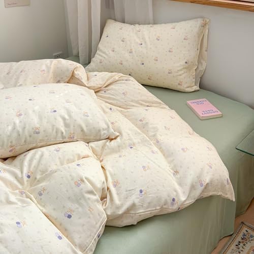 Duvet Cover Full Size 100% Cotton Double Layer Muslin,Cute Beige Cherry Bedding Set 3 Pcs,Breathable Soft Gazue Comforter Cover with Zipper Ties for Teen Girls Women 80"×90"