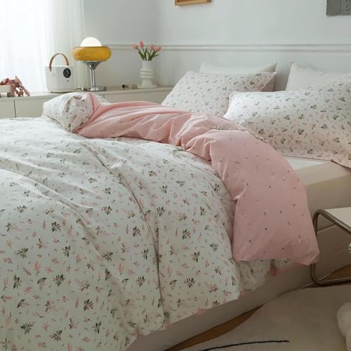 LifeTB Pink Flower Duvet Cover Twin XL Girls Aesthetic Floral Duvet Cover White Soft 100% Cotton Flower Bedding Set Cottage Floral Comforter Cover with Zipper Closure, Breathable, Easy Care